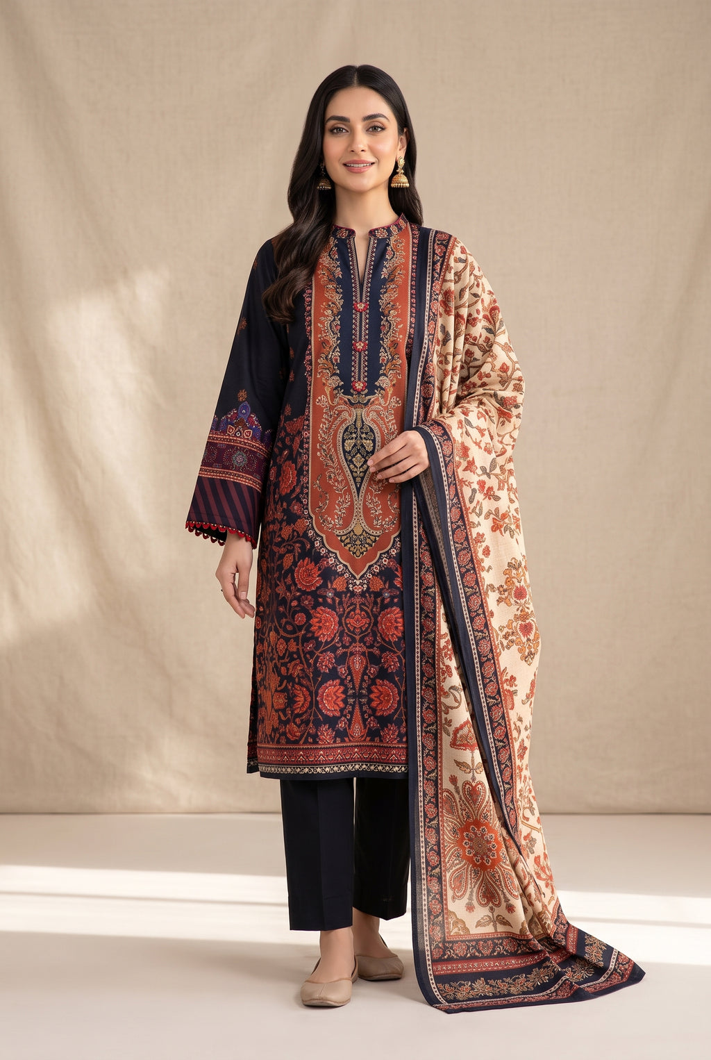 Kashmira - Navy Poly Lawn 3 Piece Printed Suit