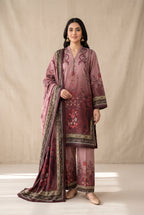 Gulrukh - Dusty Rose Poly Lawn 3 Piece Printed Suit