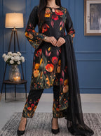 Laal Raat - Black & Red Tulip Digital Printed Silk 3 Piece Suit