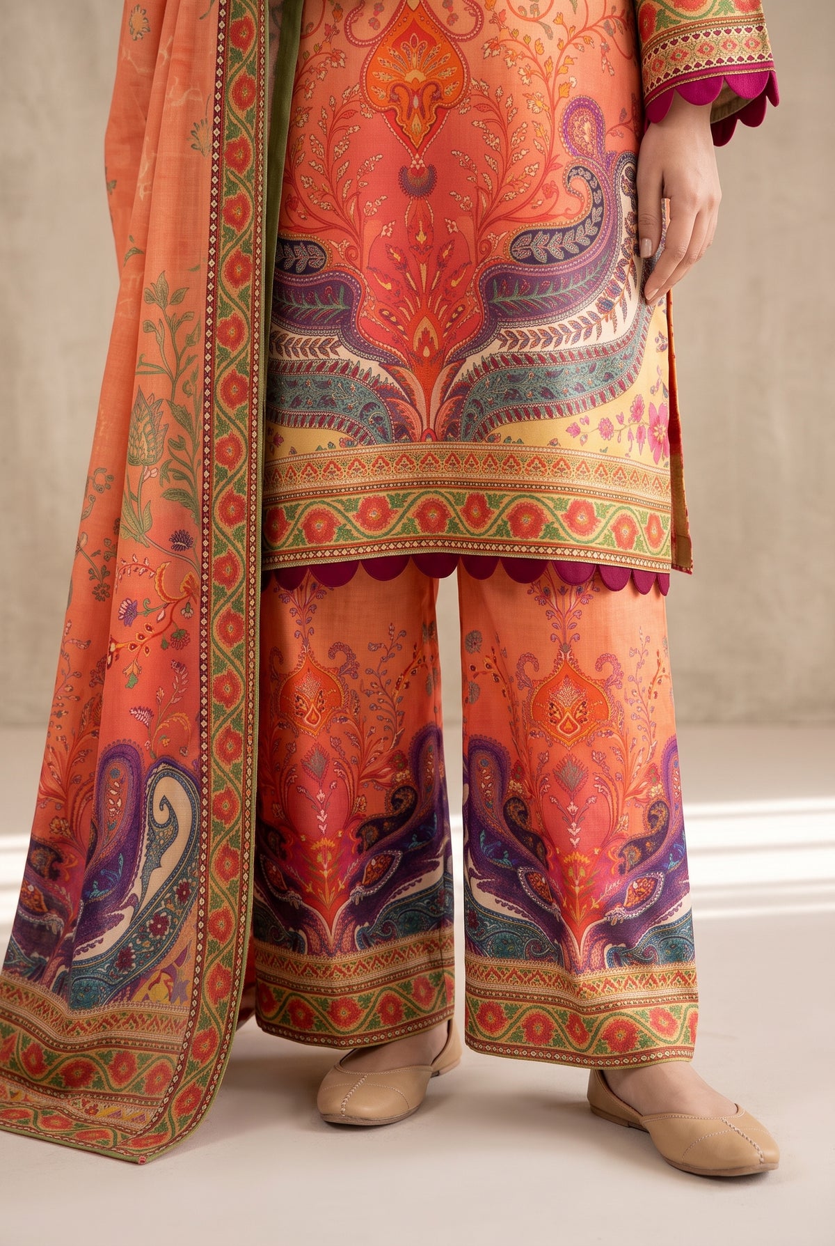 Gulnar - Coral Poly Lawn 3 Piece Printed Suit