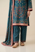 Firozi - Teal Poly Lawn 3 Piece Printed Suit