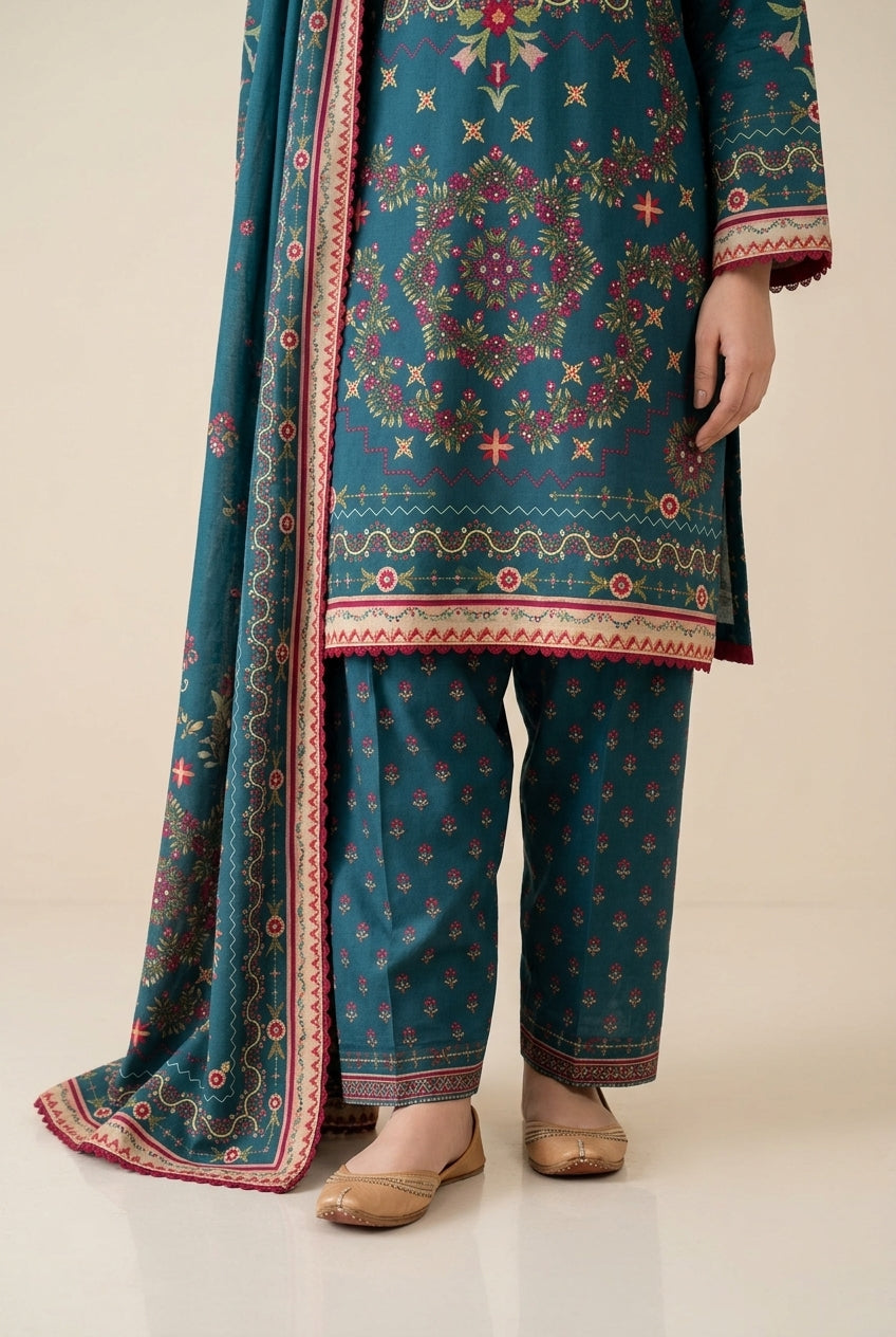 Firozi - Teal Poly Lawn 3 Piece Printed Suit