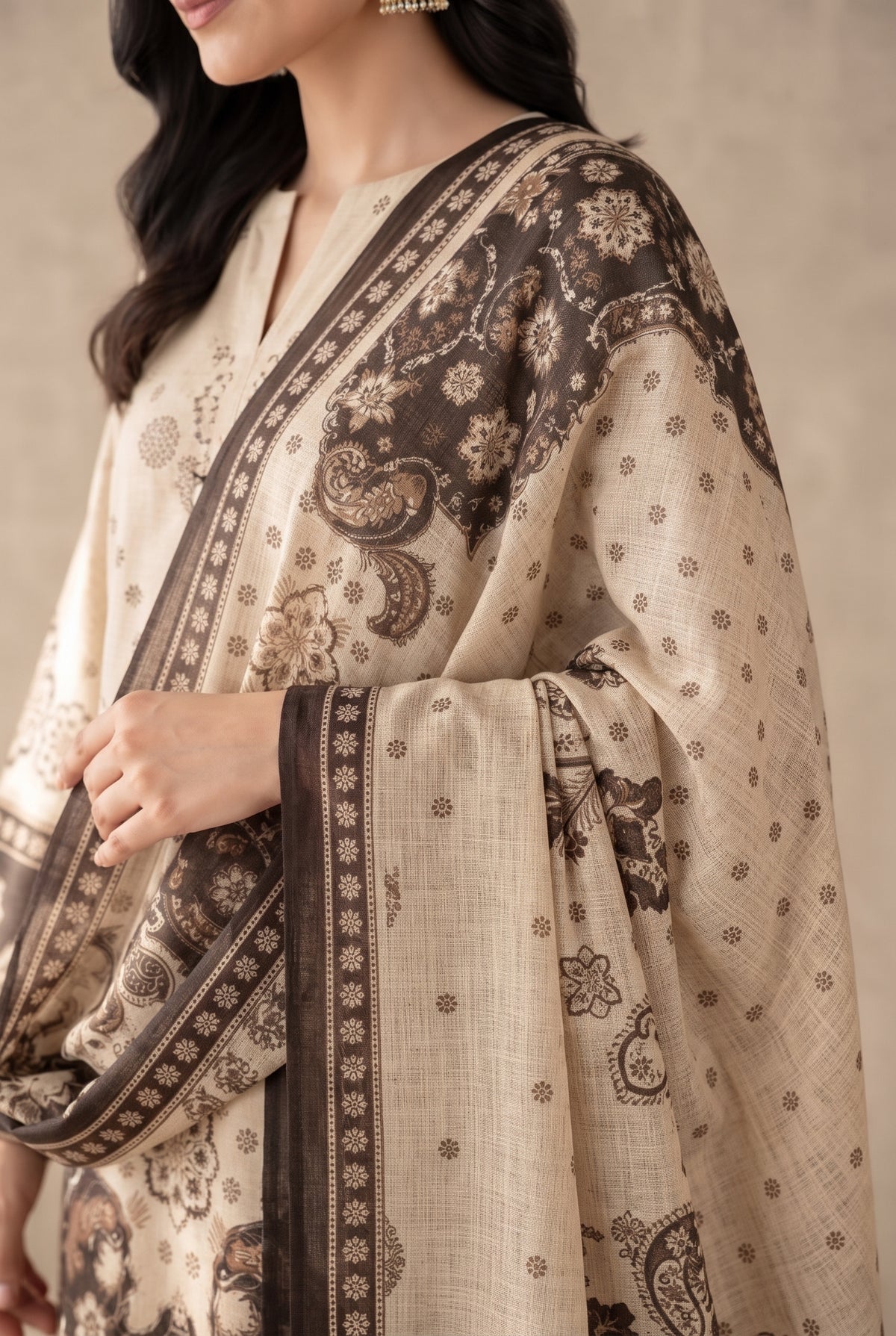 Sandal - Beige Poly Lawn 3 Piece Printed Suit