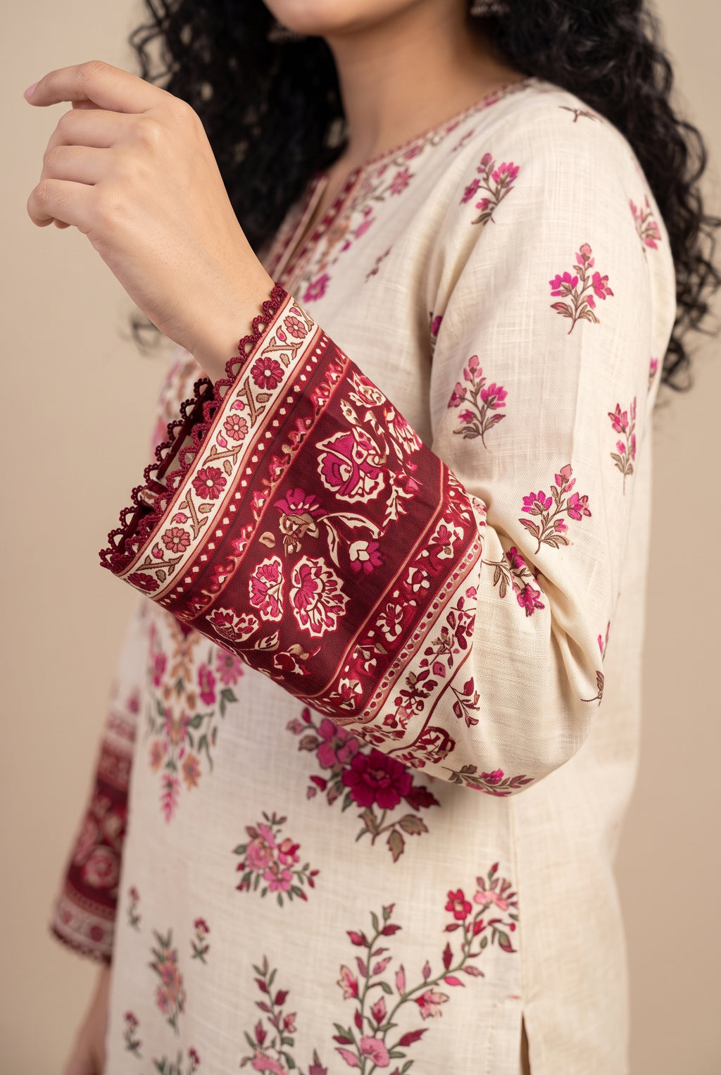 Gulab - Cream Maroon Poly Lawn 3 Piece Printed Suit