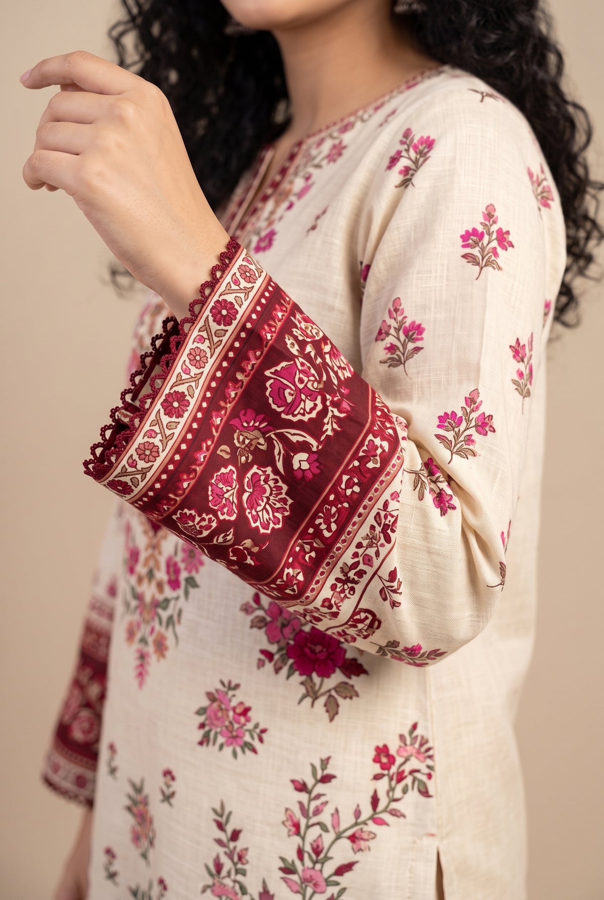 Gulab - Cream Maroon Poly Lawn 3 Piece Printed Suit