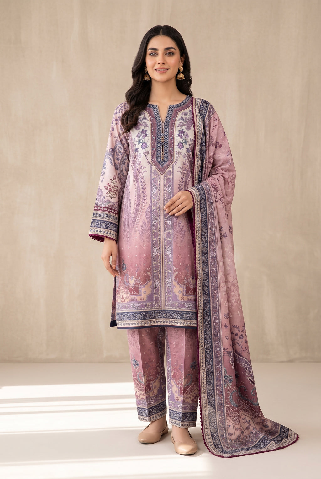 Banafsha - Lilac Pink Poly Lawn 3 Piece Printed Suit