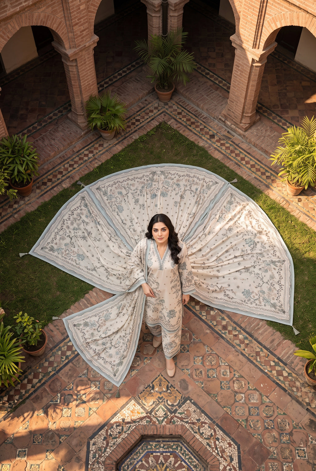 Neelofar - Ivory Poly Lawn 3 Piece Printed Suit