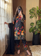 Laal Raat - Black & Red Tulip Digital Printed Silk 3 Piece Suit