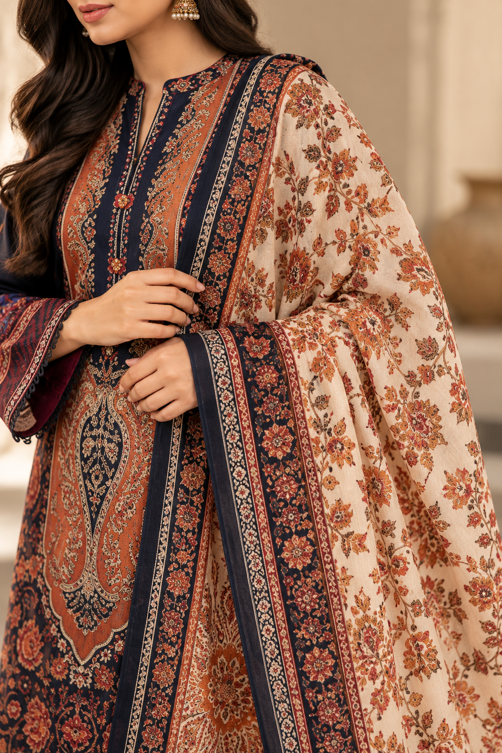 Kashmira - Navy Poly Lawn 3 Piece Printed Suit