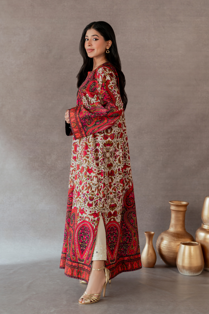 Surkhaab - Crimson Red Paisley Printed Italian Grip Silk Long Kaftan 2 Piece