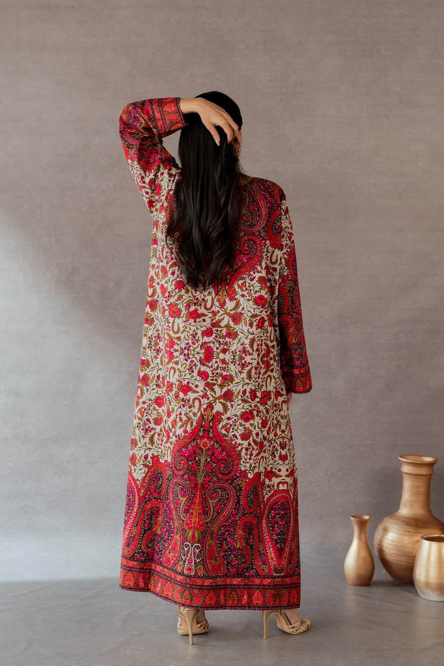 Surkhaab - Crimson Red Paisley Printed Italian Grip Silk Long Kaftan 2 Piece