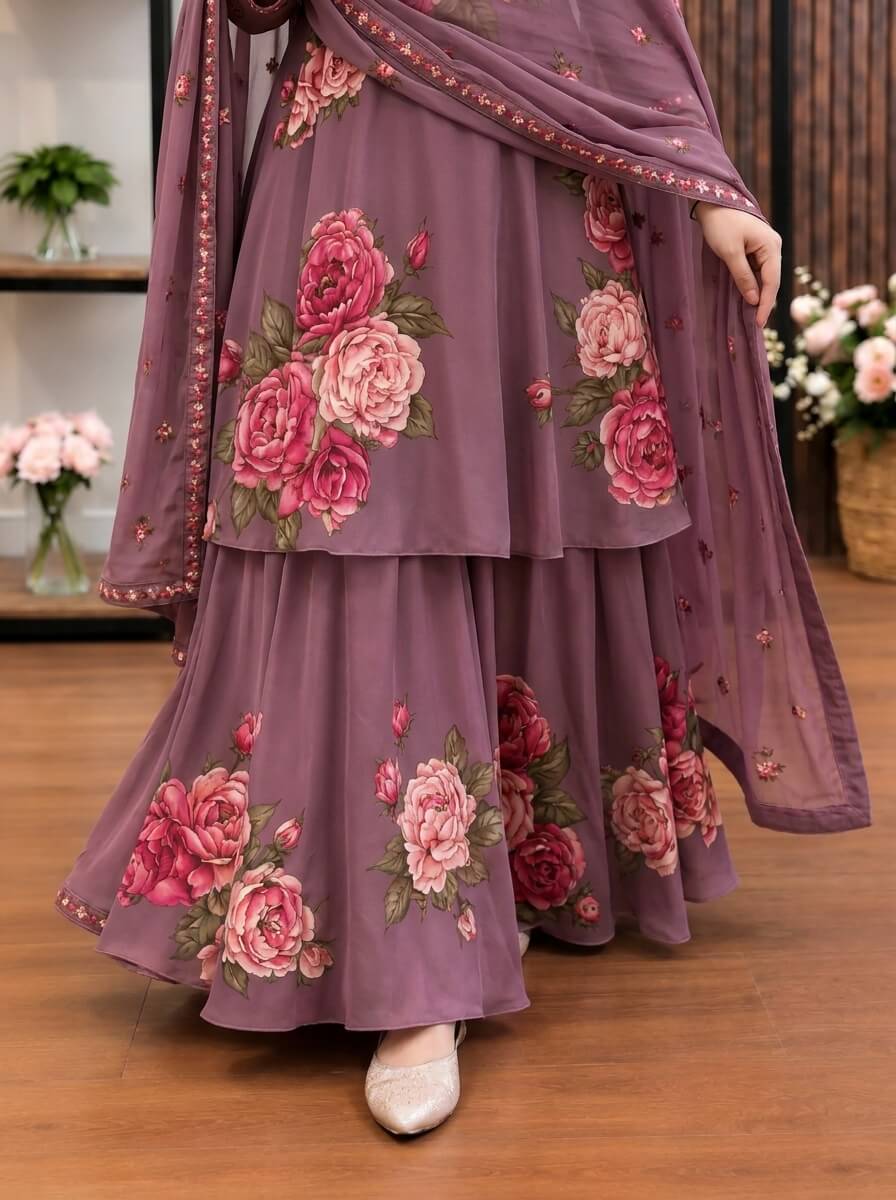 Gulbano - Lilac Pink Rose Digital Printed Silk 3 Piece Frock