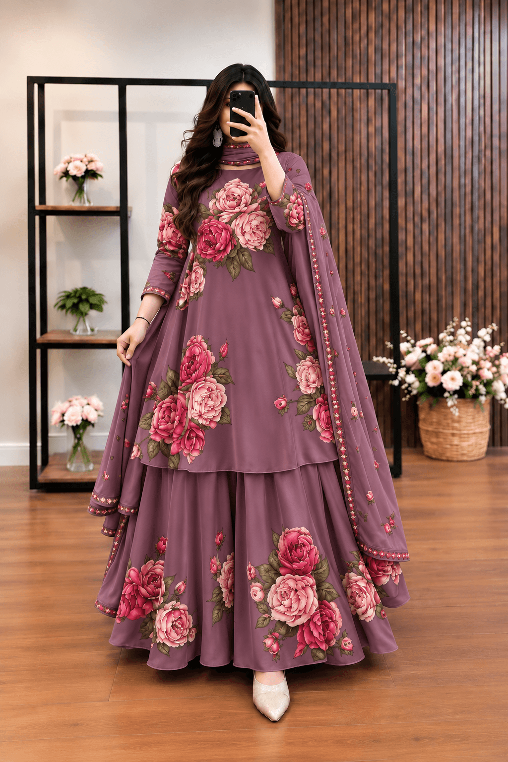 Gulbano - Lilac Pink Rose Digital Printed Silk 3 Piece Frock