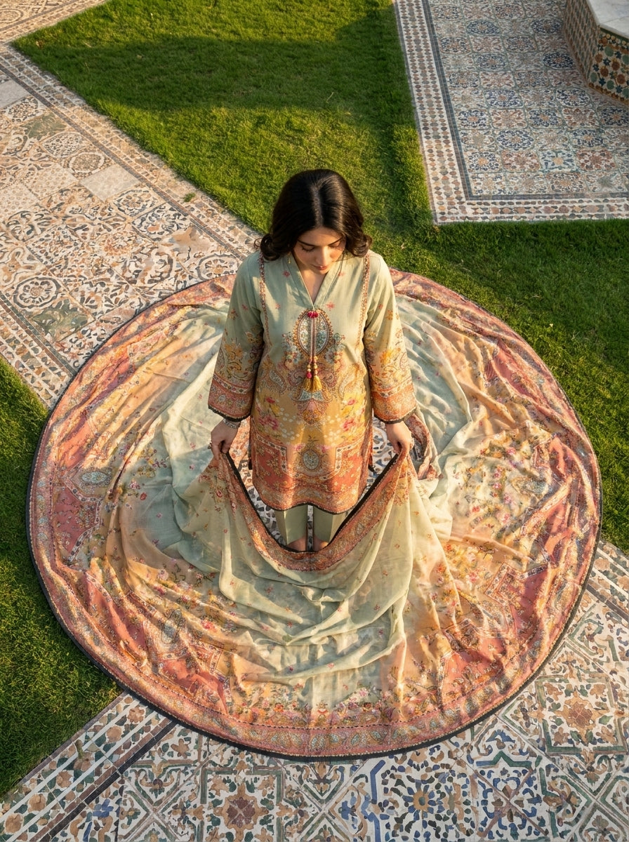 Pistachio - Sage Green Poly Lawn 3 Piece Printed Suit