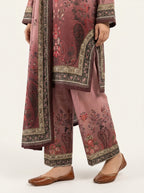 Gulrukh - Dusty Rose Poly Lawn 3 Piece Printed Suit