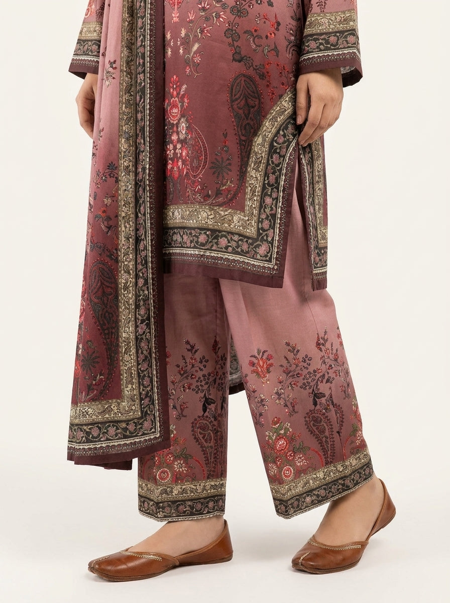 Gulrukh - Dusty Rose Poly Lawn 3 Piece Printed Suit
