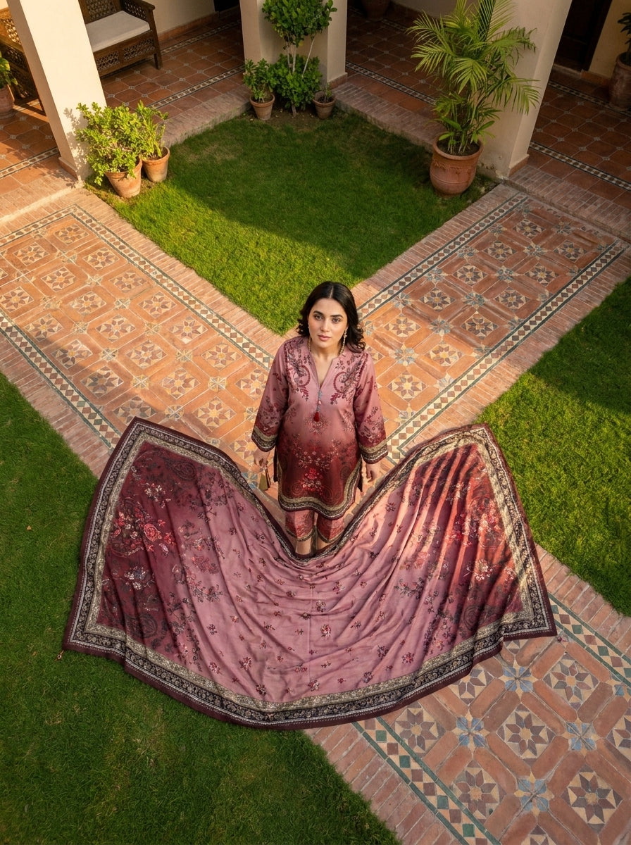 Gulrukh - Dusty Rose Poly Lawn 3 Piece Printed Suit