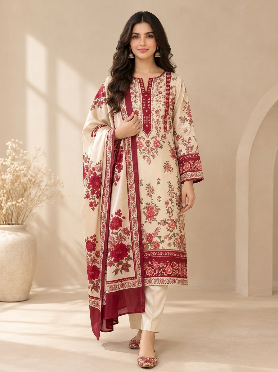 Gulfam - Cream Maroon Digital Printed Silk 3 Piece Suit