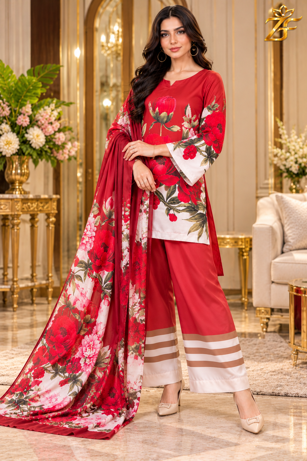Surkh Gulab - Scarlet Rose Digital Printed Silk 3 Piece Suit