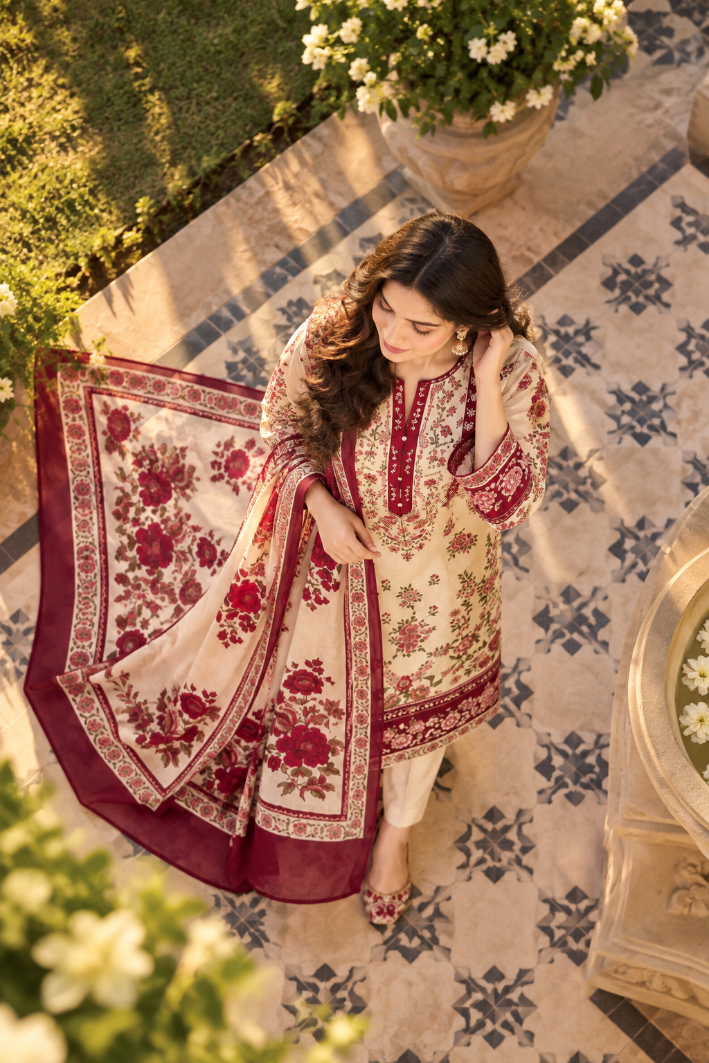 Gulab - Cream Maroon Poly Lawn 3 Piece Printed Suit