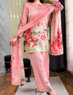 Gulistan - Pink Rose Garden Digital Printed Silk 3 Piece Suit