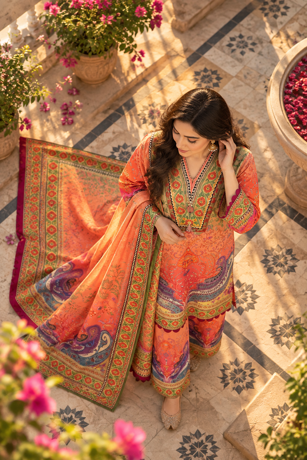 Gulnar - Coral Poly Lawn 3 Piece Printed Suit