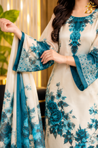 Firoza Phool - White & Teal Floral Digital Printed Silk 3 Piece Suit