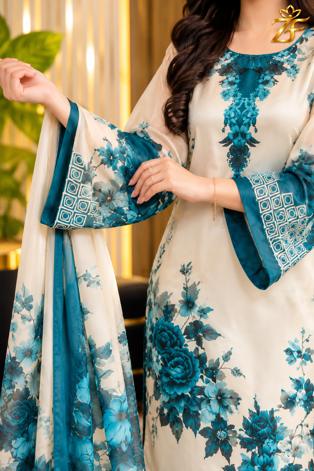 Firoza Phool - White & Teal Floral Digital Printed Silk 3 Piece Suit