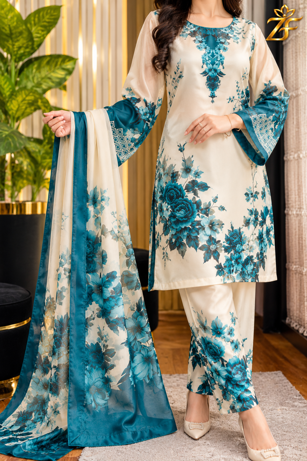 Firoza Phool - White & Teal Floral Digital Printed Silk 3 Piece Suit