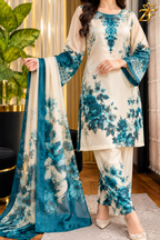 Firoza Phool - White & Teal Floral Digital Printed Silk 3 Piece Suit