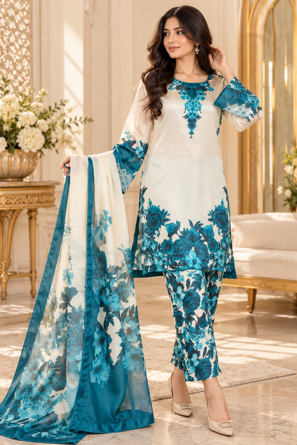 Firoza Phool - White & Teal Floral Digital Printed Silk 3 Piece Suit