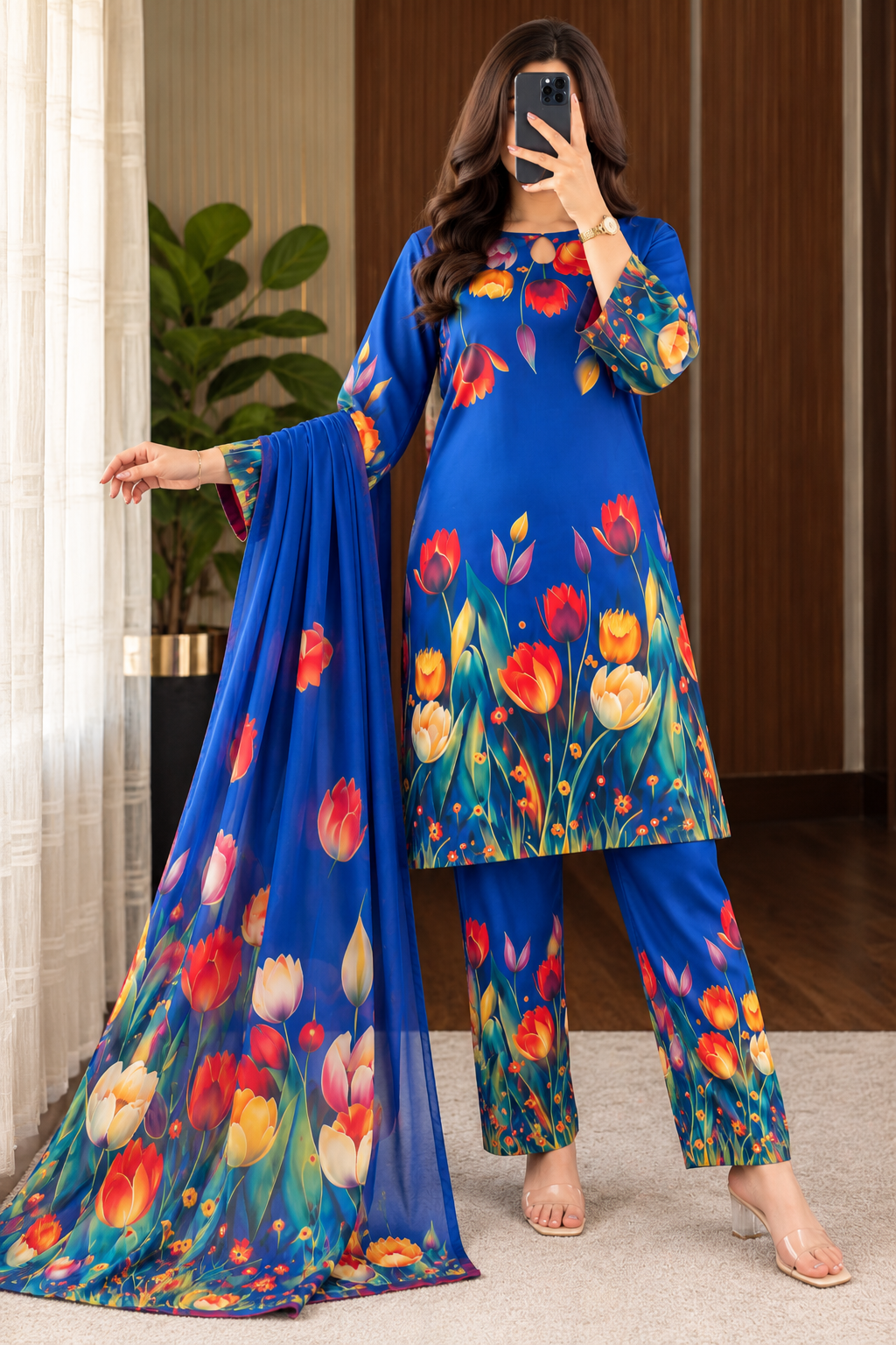 Neela Asmaan - Royal Blue Tulip Digital Printed Silk 3 Piece Suit