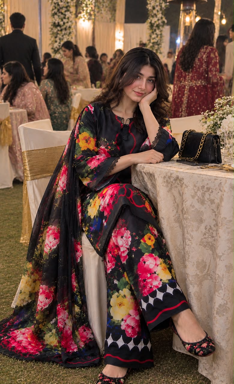 Gulnaar - Black Rose Floral Digital Printed Silk 3 Piece Suit