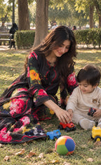 Gulnaar - Black Rose Floral Digital Printed Silk 3 Piece Suit