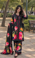 Gulnaar - Black Rose Floral Digital Printed Silk 3 Piece Suit