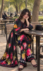 Gulnaar - Black Rose Floral Digital Printed Silk 3 Piece Suit