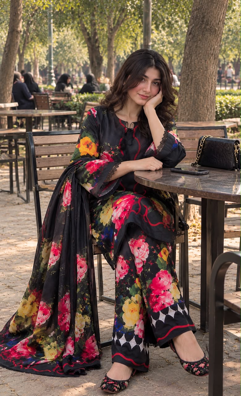 Gulnaar - Black Rose Floral Digital Printed Silk 3 Piece Suit