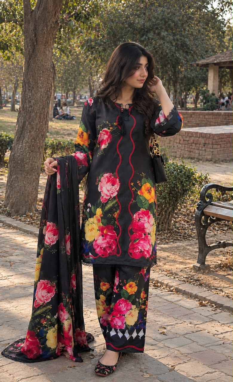Gulnaar - Black Rose Floral Digital Printed Silk 3 Piece Suit