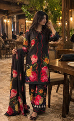 Gulnaar - Black Rose Floral Digital Printed Silk 3 Piece Suit