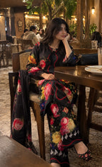 Gulnaar - Black Rose Floral Digital Printed Silk 3 Piece Suit