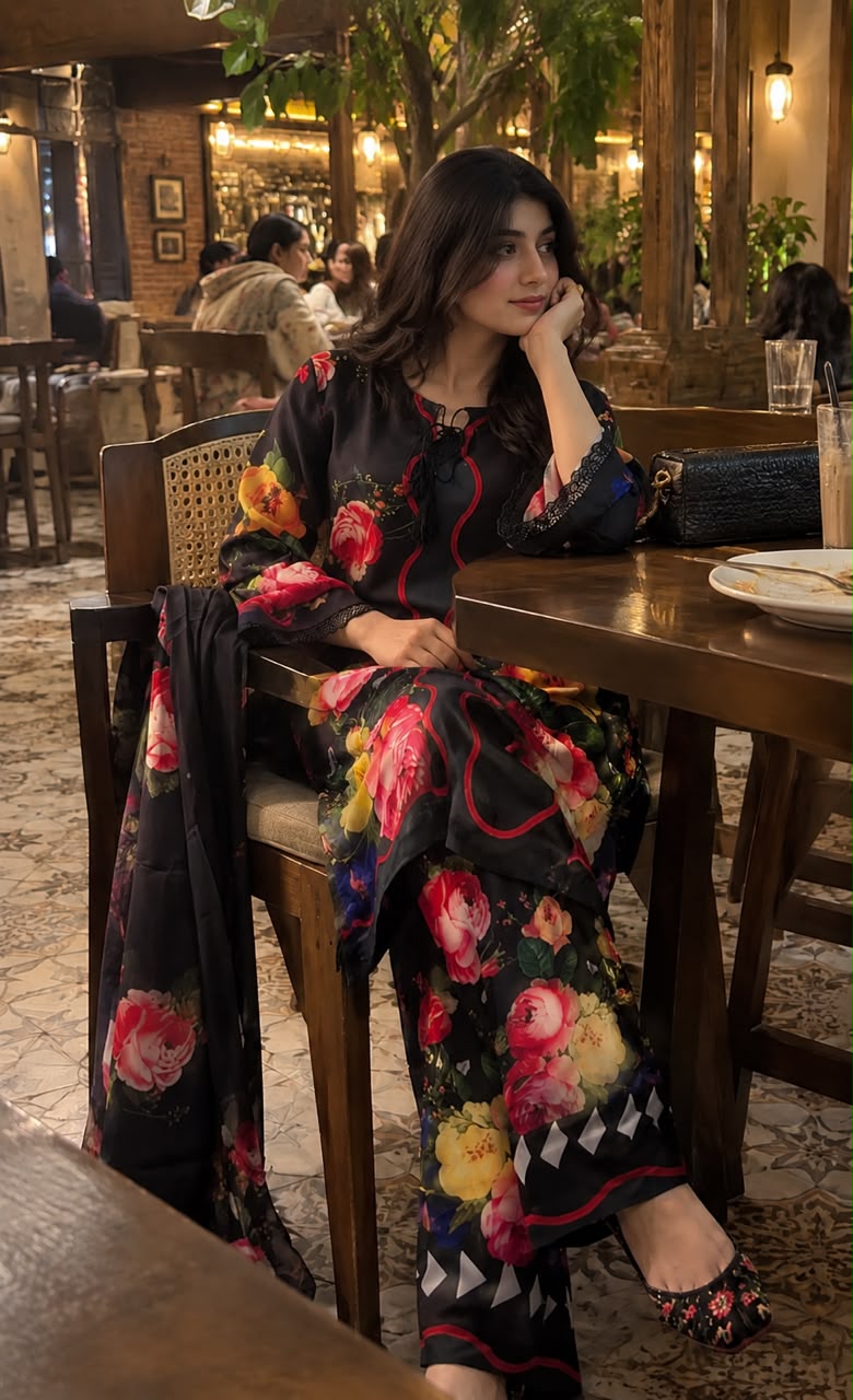 Gulnaar - Black Rose Floral Digital Printed Silk 3 Piece Suit