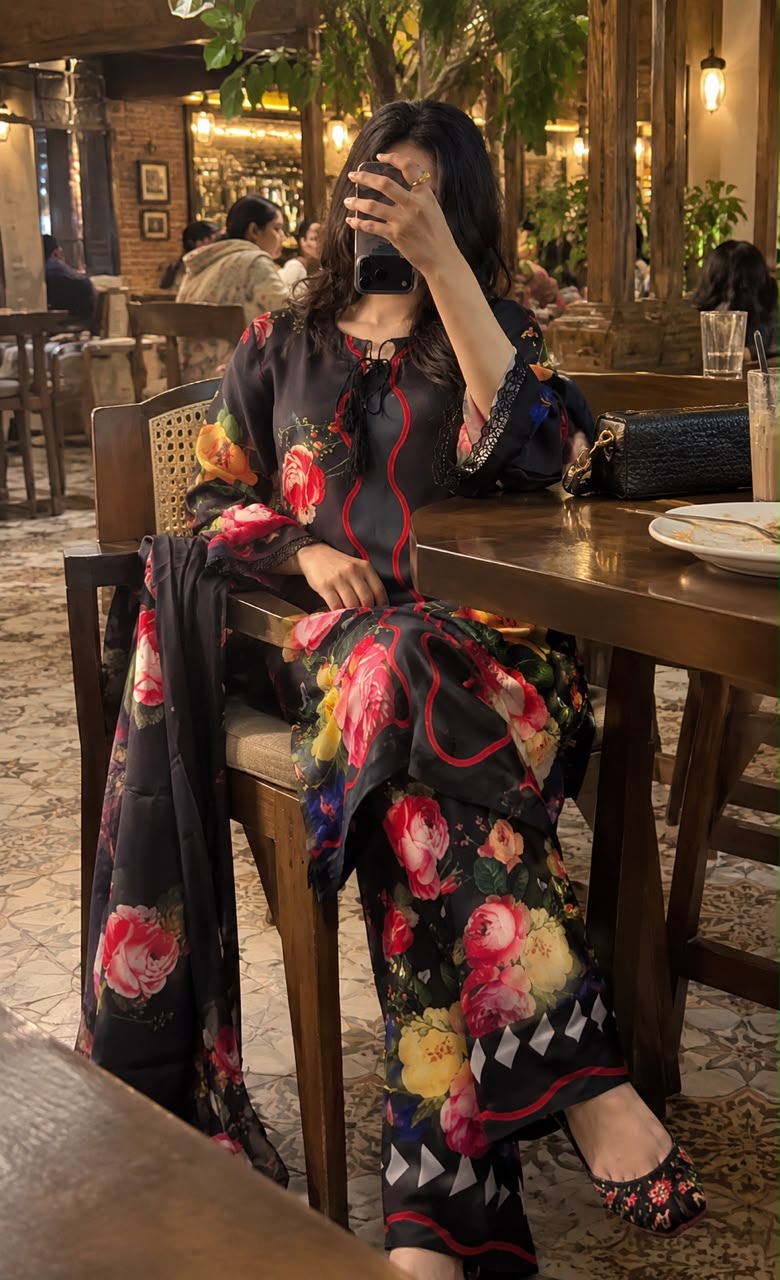 Gulnaar - Black Rose Floral Digital Printed Silk 3 Piece Suit