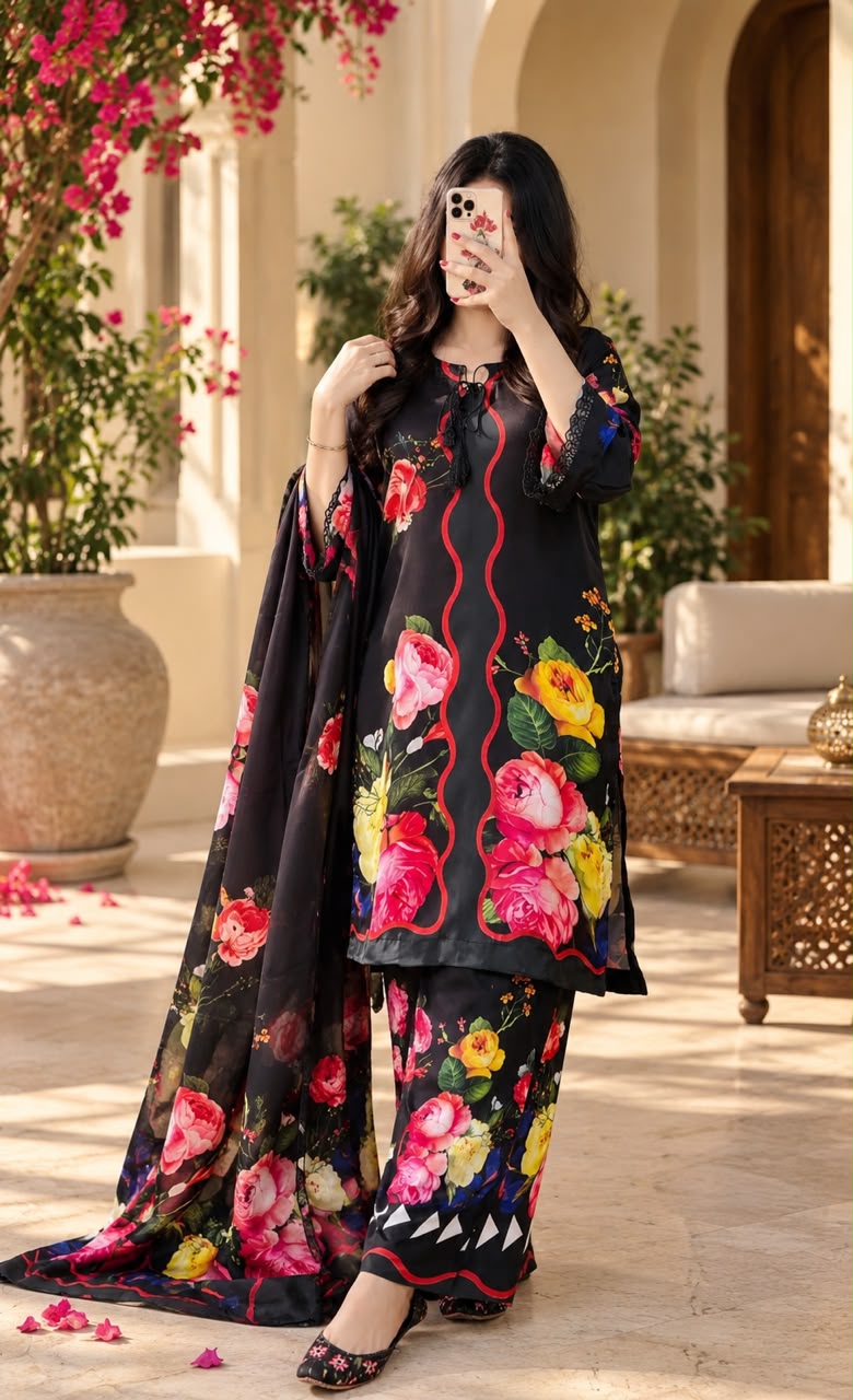 Gulnaar - Black Rose Floral Digital Printed Silk 3 Piece Suit