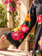 Gulnaar - Black Rose Floral Digital Printed Silk 3 Piece Suit