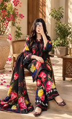 Gulnaar - Black Rose Floral Digital Printed Silk 3 Piece Suit