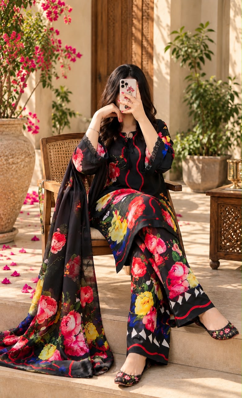 Gulnaar - Black Rose Floral Digital Printed Silk 3 Piece Suit