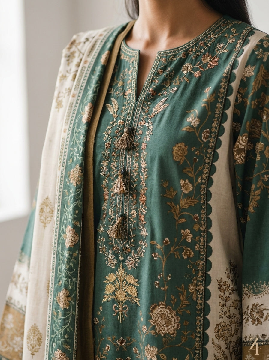 Zumurrud Bottle Green Mustard 3 piece printed suit - close-up print and neckline detail