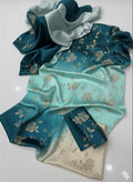 Unstitched digital printed silk 3-piece suit in teal to cream ombre with a tonal floral print