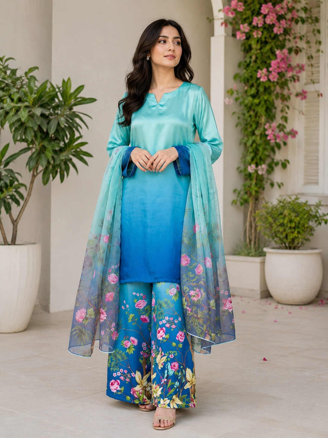 Model wearing an aqua-to-blue ombre kurta with floral-border palazzo trousers – digital printed silk 3-piece suit