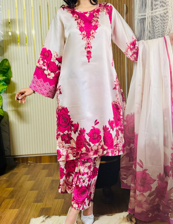 Atishi Gul - White & Fuchsia Floral Digital Printed Silk 3 Piece Suit